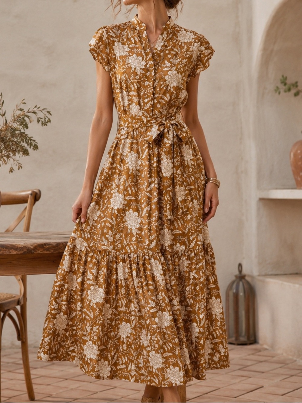 Darlington Isle Ginger Floral Cotton Maxi Dress Brown Cream Size XS